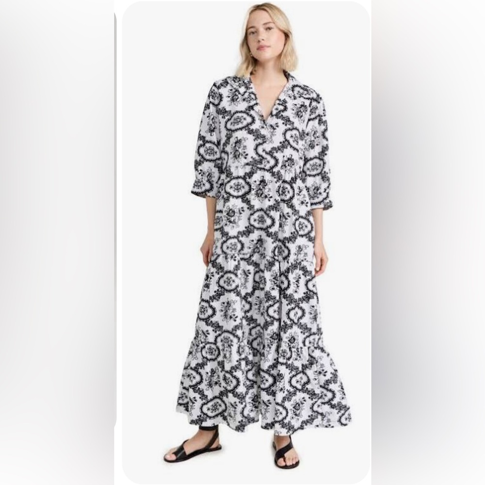 The Oula Company Puff sleeve tiered cotton dress in black and white bouquet